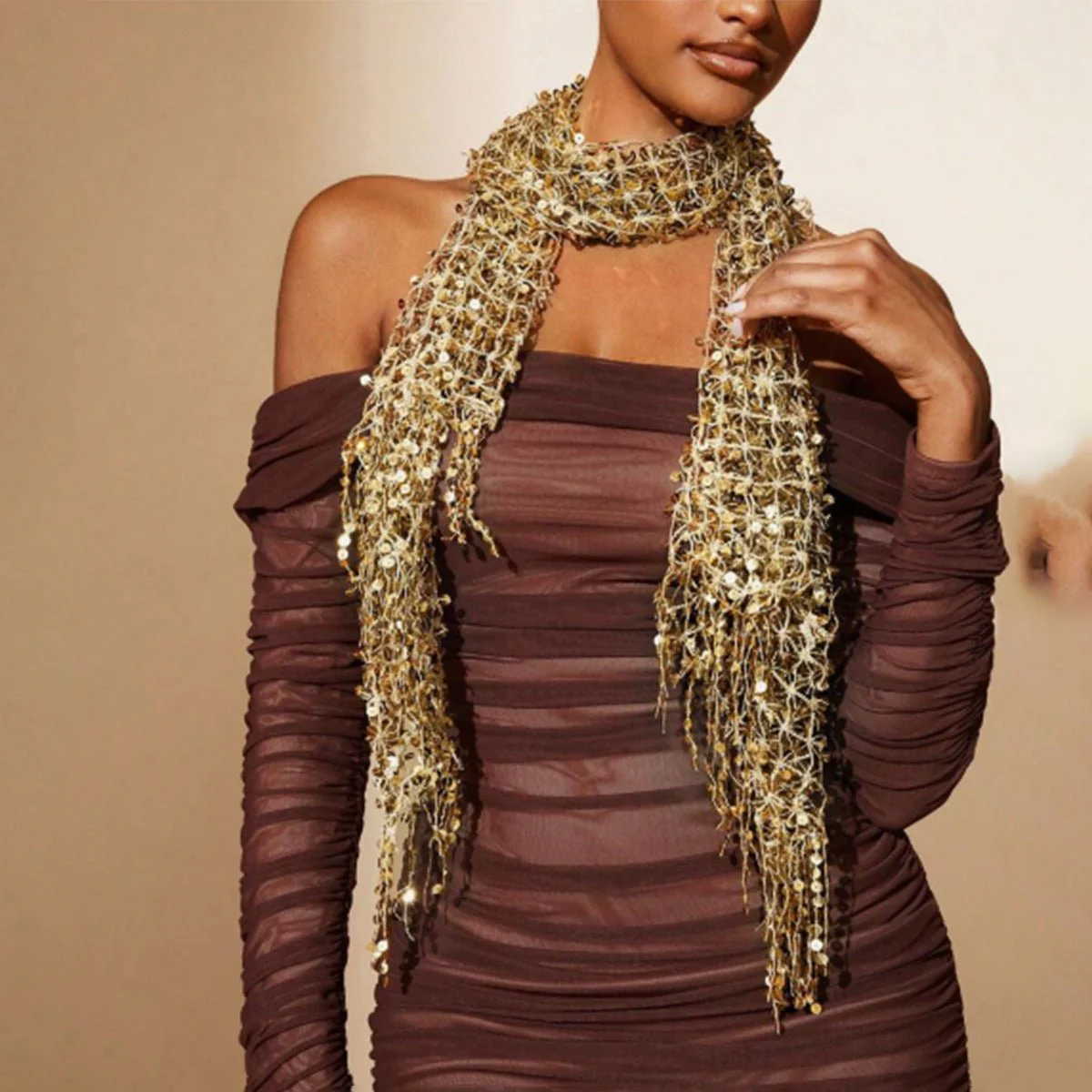 Sequin Mesh Shawl Hijab with Fringe(MH206) - Image 2