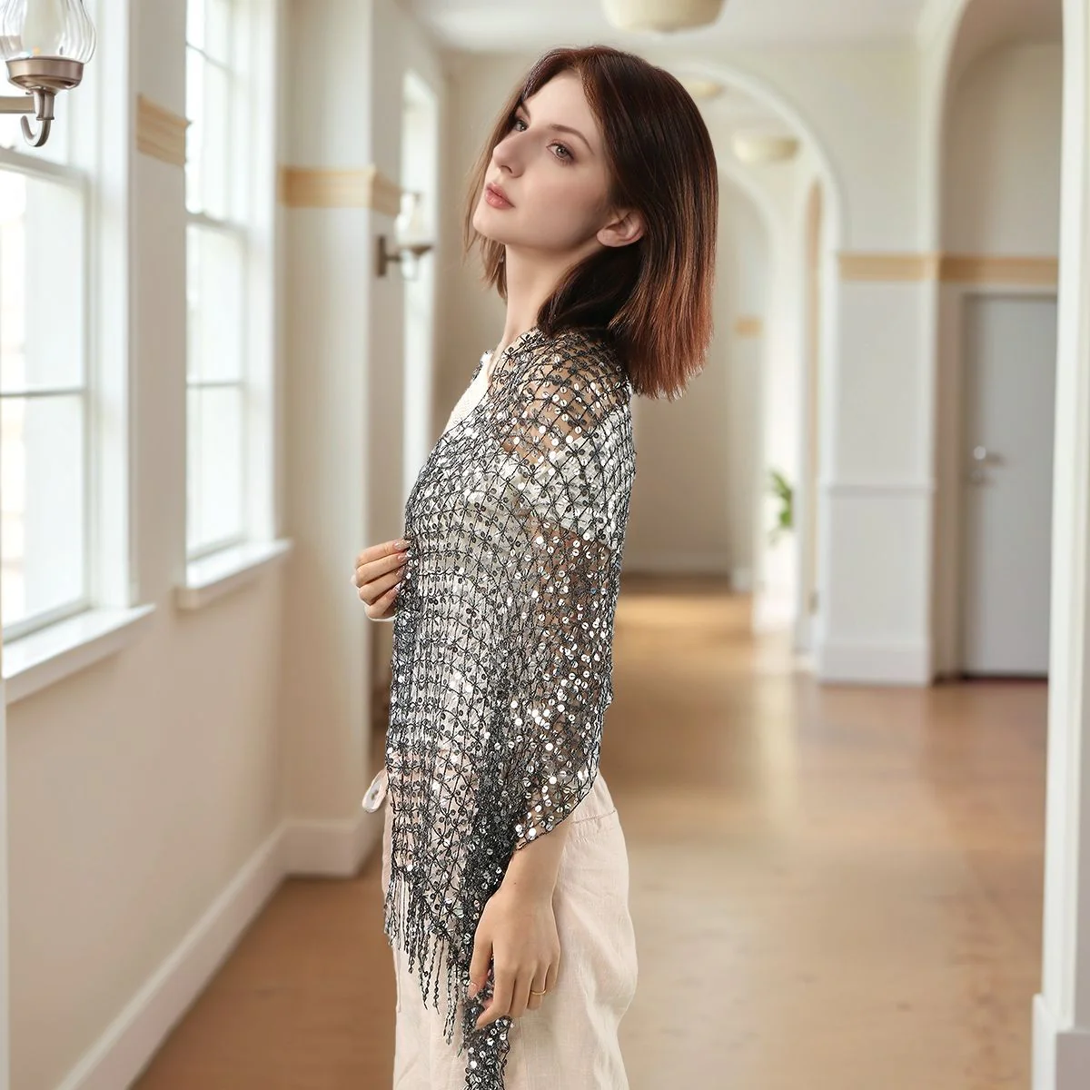 Sequin Mesh Shawl Hijab with Fringe(MH206) - Image 3