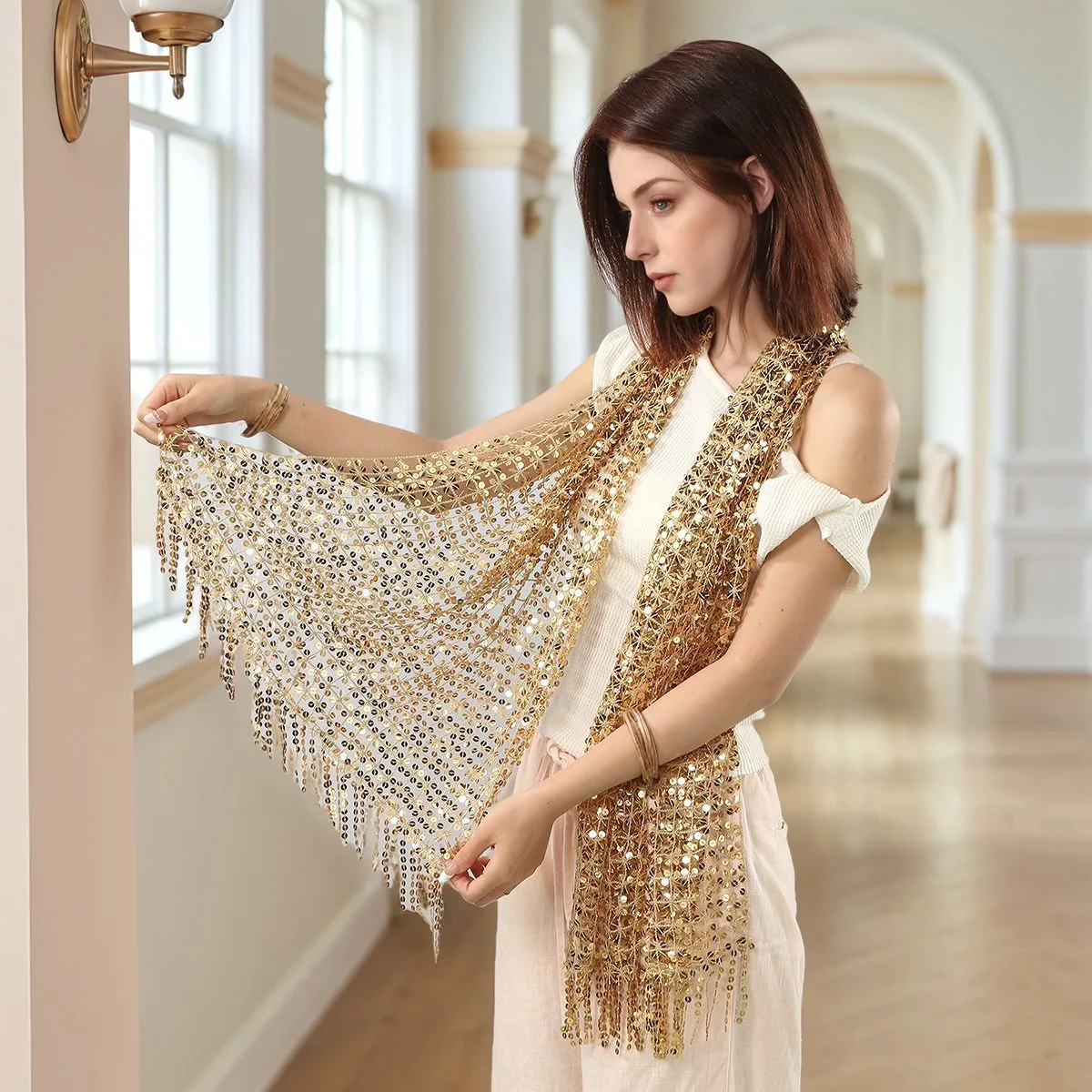 Sequin Mesh Shawl Hijab with Fringe(MH206) - Image 5