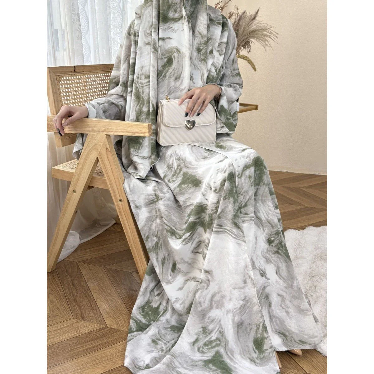 Serene Ink Wash Abaya Collection | Watercolor Print Cardigan with Matching Hijab (MOA178) - Image 10