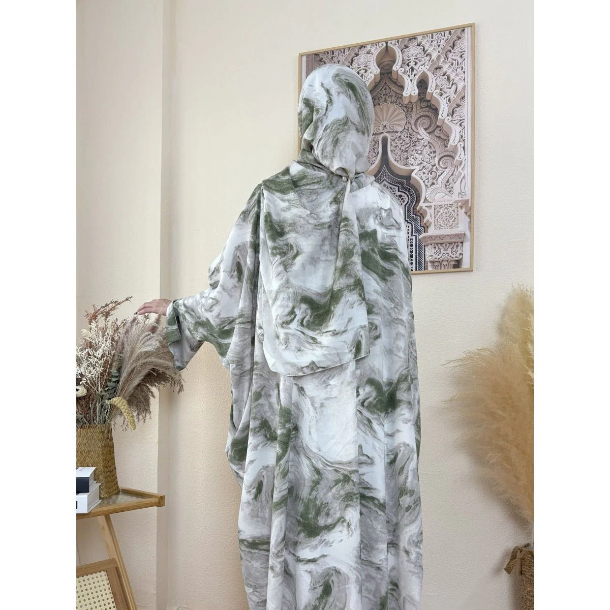 Serene Ink Wash Abaya Collection | Watercolor Print Cardigan with Matching Hijab (MOA178) - Image 13