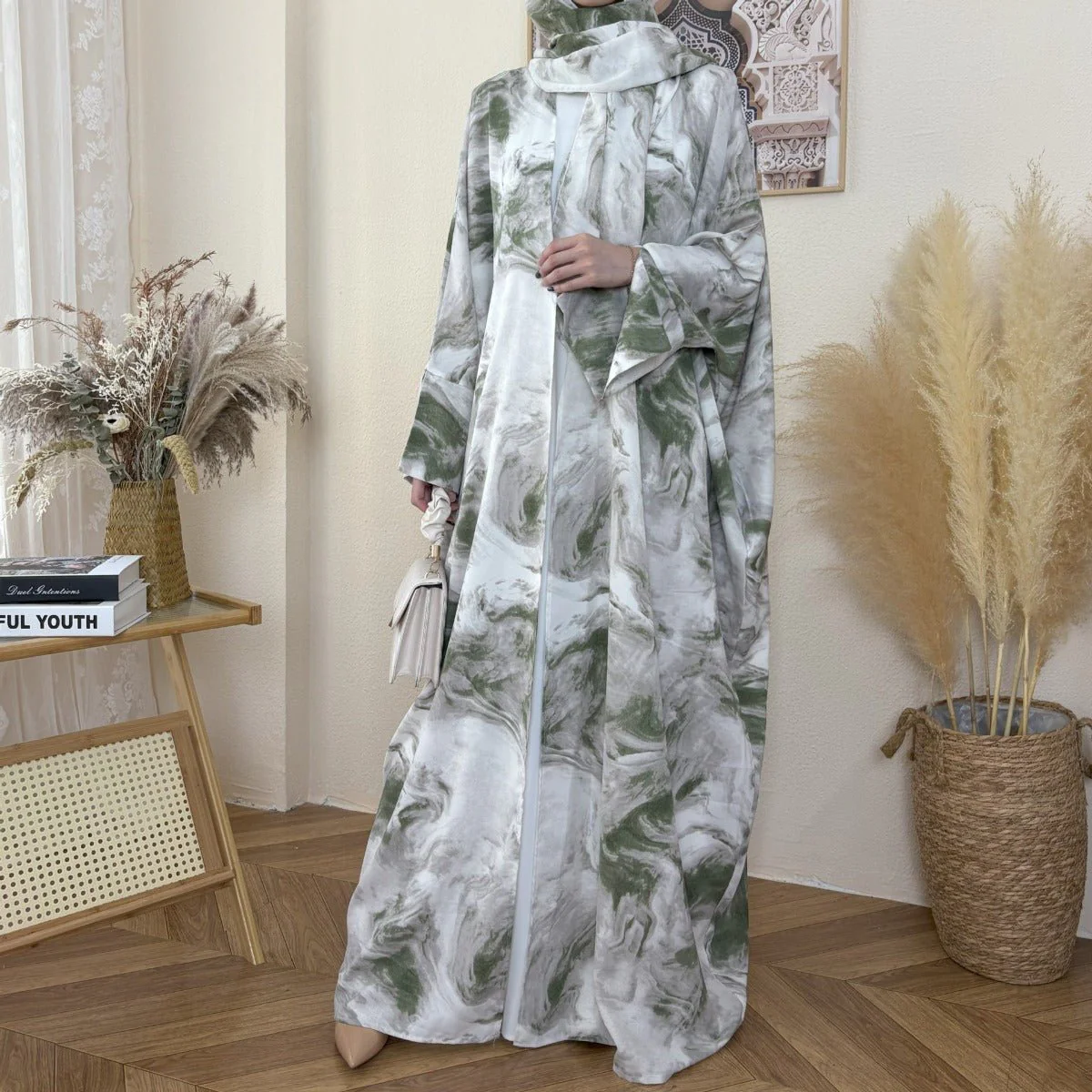 Serene Ink Wash Abaya Collection | Watercolor Print Cardigan with Matching Hijab (MOA178) - Image 14