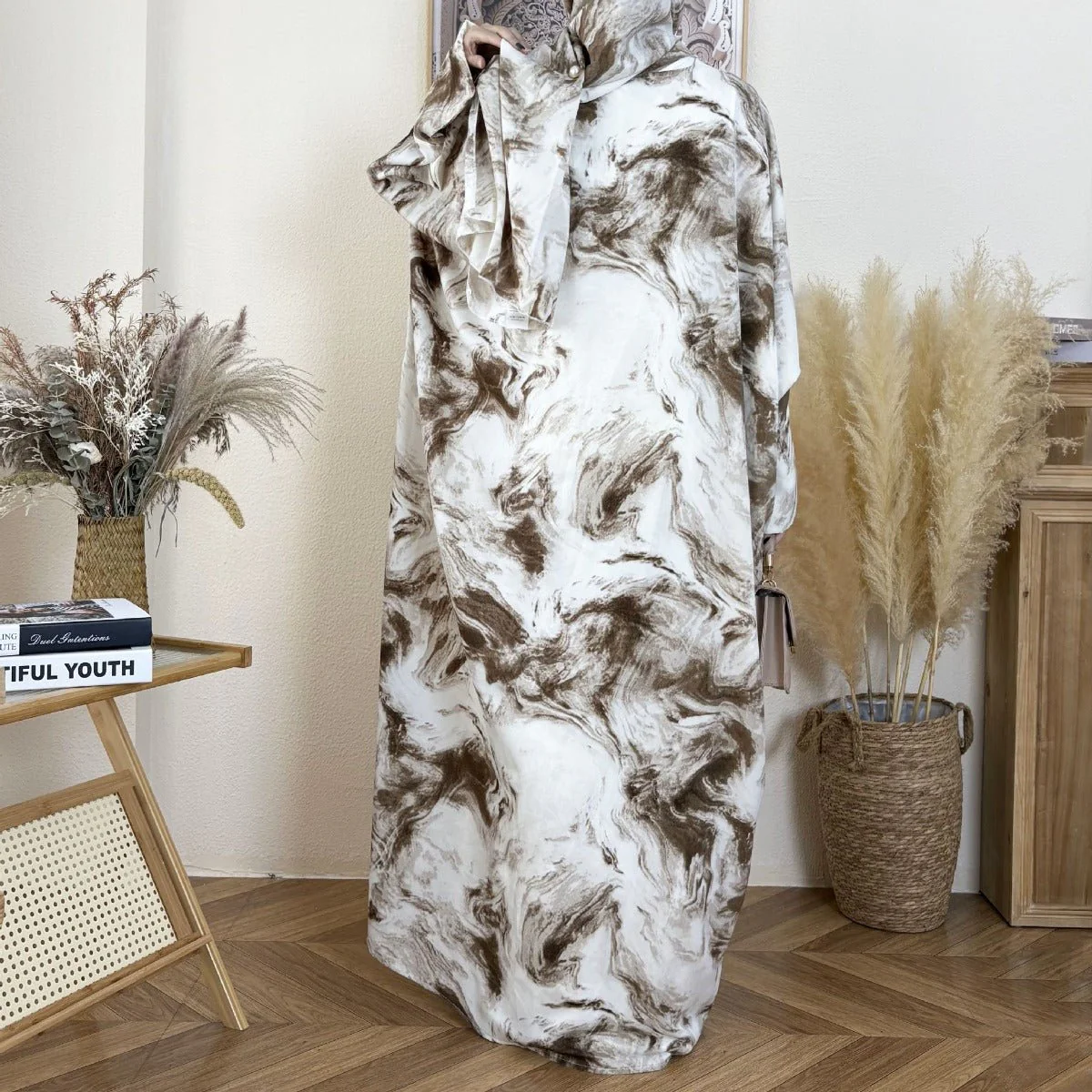Serene Ink Wash Abaya Collection | Watercolor Print Cardigan with Matching Hijab (MOA178) - Image 3