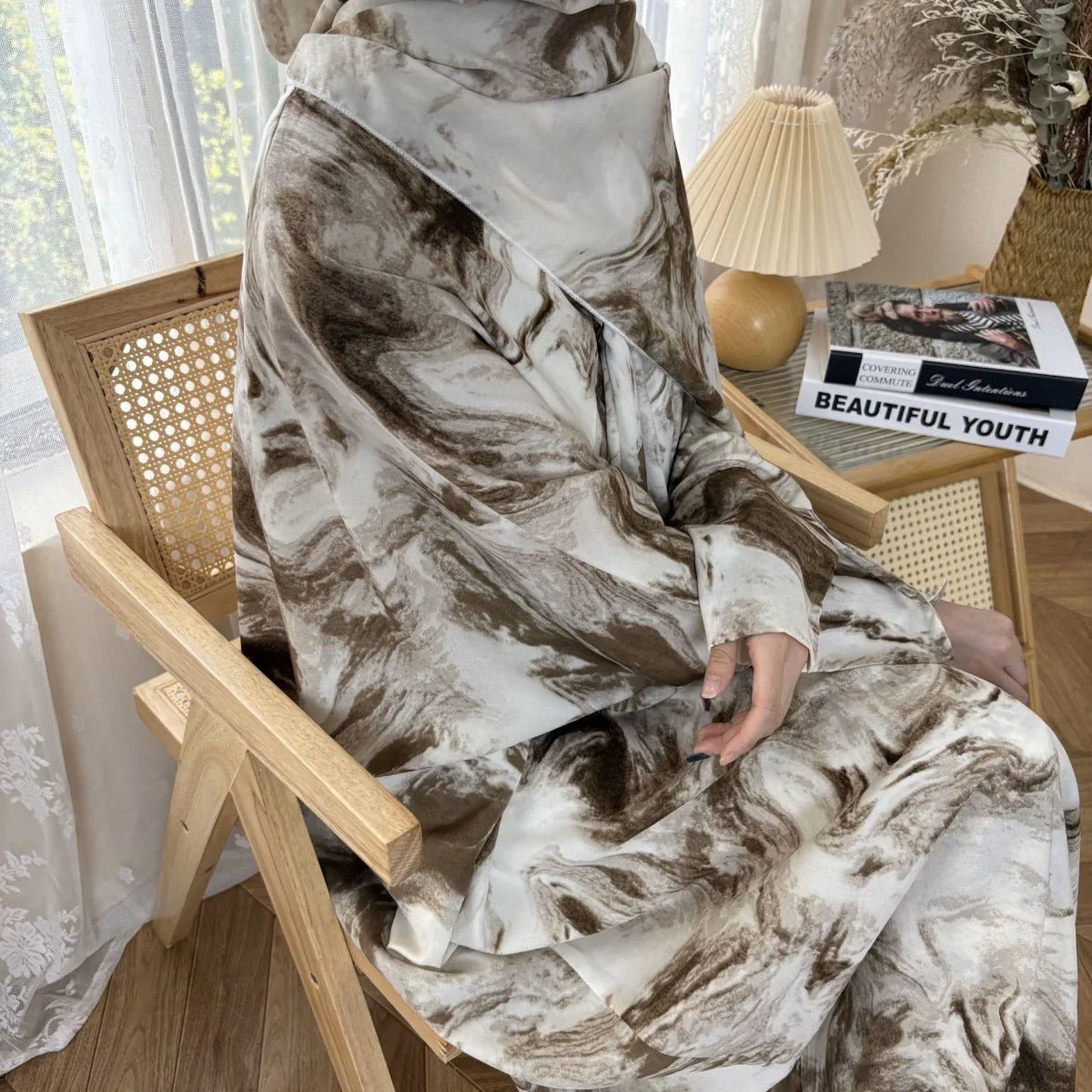 Serene Ink Wash Abaya Collection | Watercolor Print Cardigan with Matching Hijab (MOA178) - Image 4