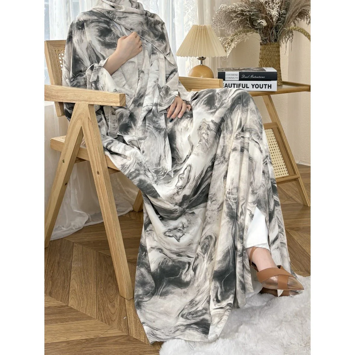 Serene Ink Wash Abaya Collection | Watercolor Print Cardigan with Matching Hijab (MOA178) - Image 5