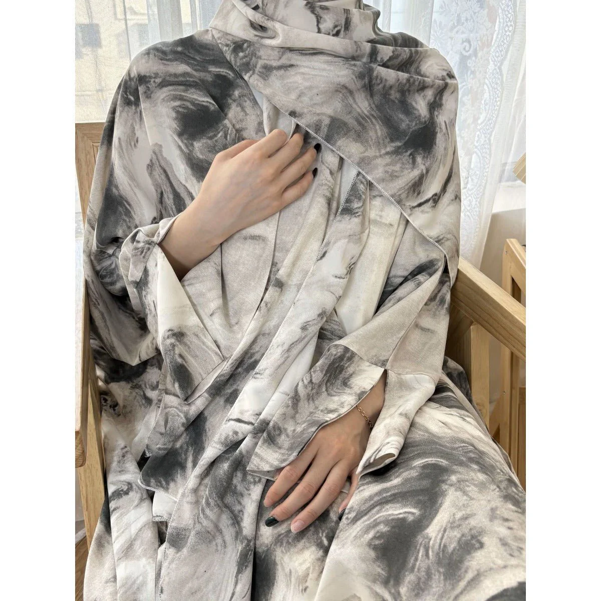 Serene Ink Wash Abaya Collection | Watercolor Print Cardigan with Matching Hijab (MOA178) - Image 6