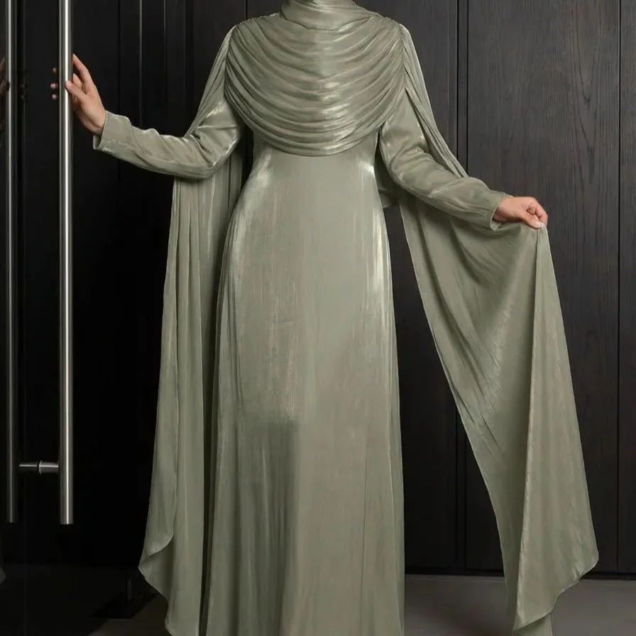 Shimmer Island Silk Cape Sleeve Abaya Dress with Matching Hijab(MA429) - Image 10
