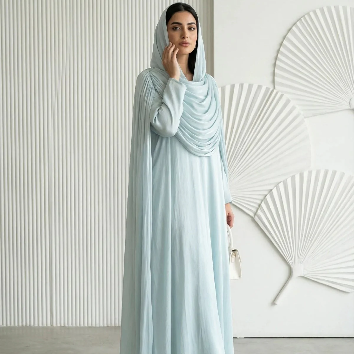 Shimmer Island Silk Cape Sleeve Abaya Dress with Matching Hijab(MA429) - Image 11