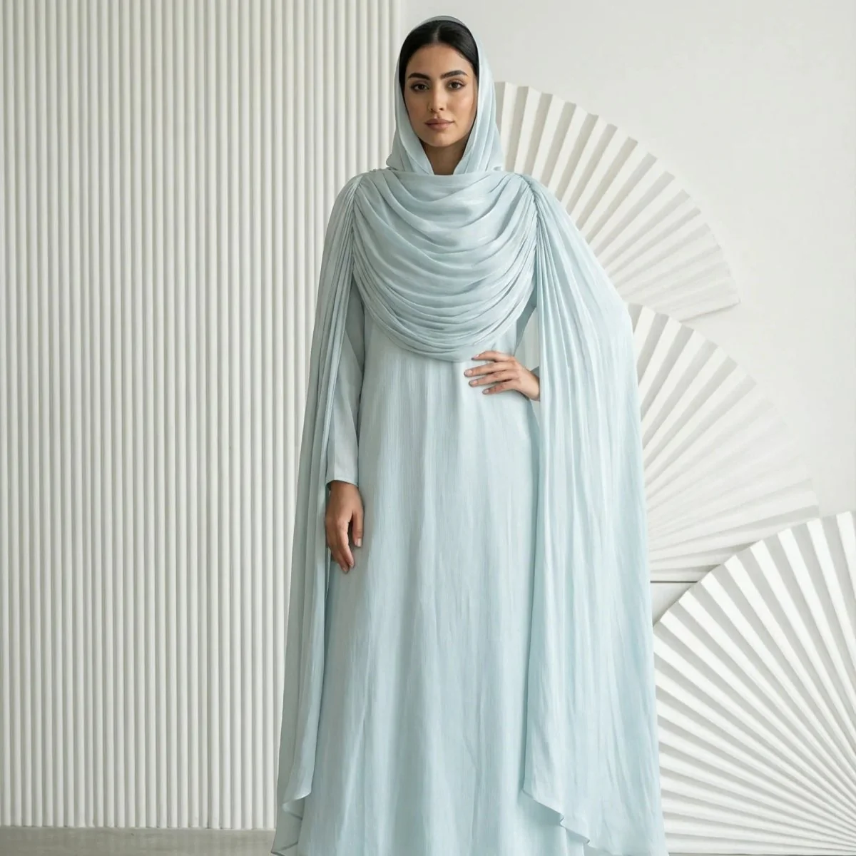 Shimmer Island Silk Cape Sleeve Abaya Dress with Matching Hijab(MA429) - Image 12