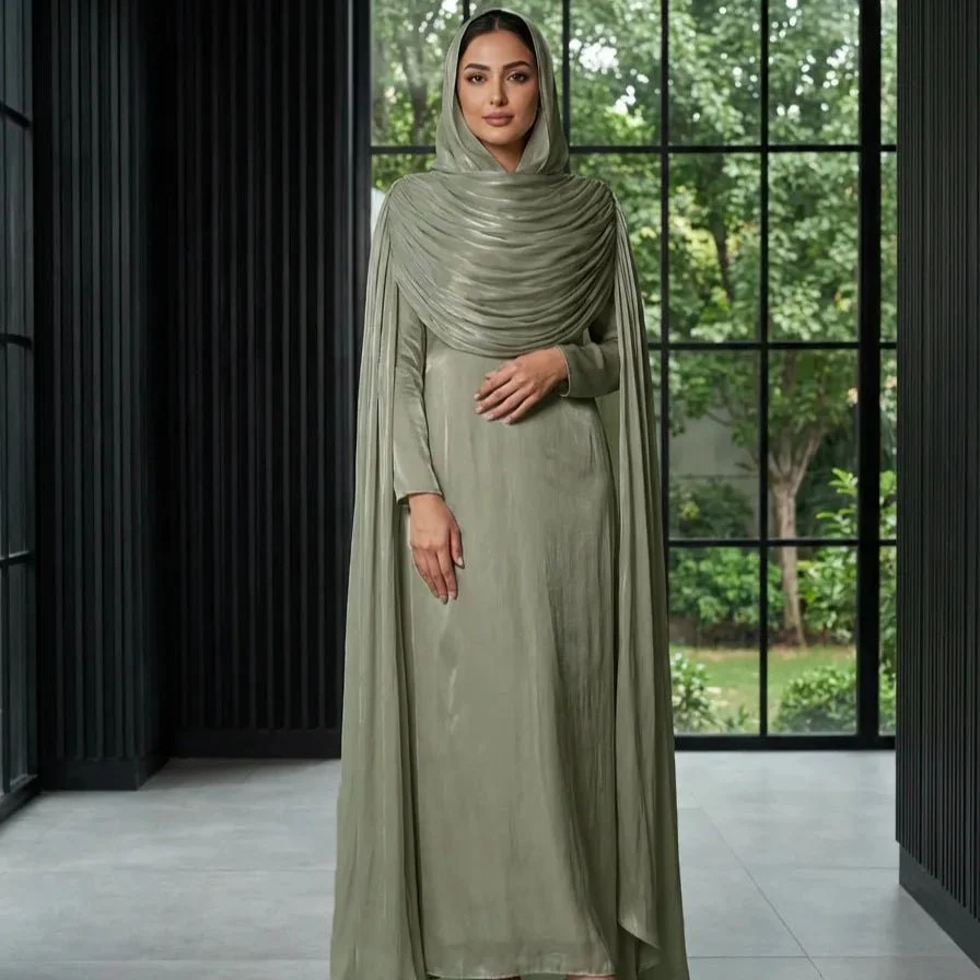 Shimmer Island Silk Cape Sleeve Abaya Dress with Matching Hijab(MA429) - Image 4