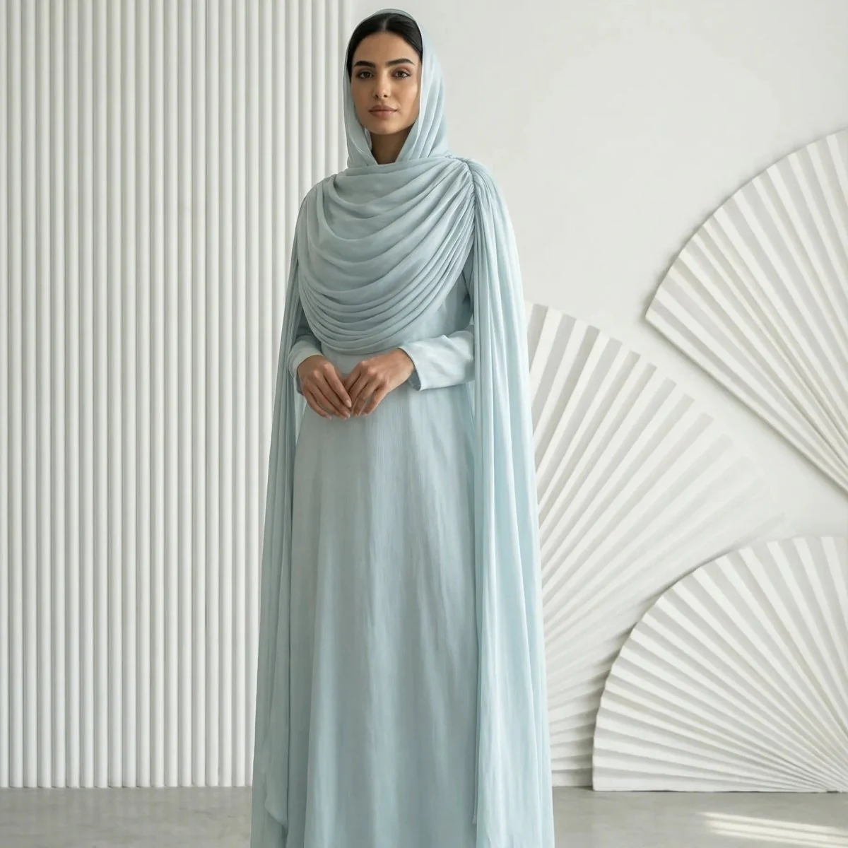 Shimmer Island Silk Cape Sleeve Abaya Dress with Matching Hijab(MA429) - Image 5