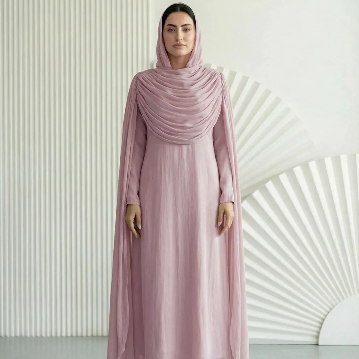 Shimmer Island Silk Cape Sleeve Abaya Dress with Matching Hijab(MA429) - Image 6