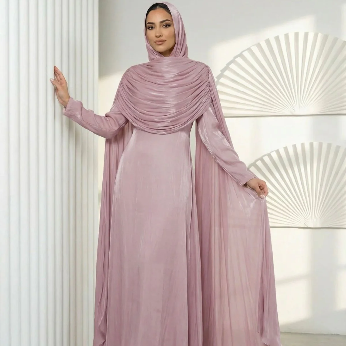 Shimmer Island Silk Cape Sleeve Abaya Dress with Matching Hijab(MA429) - Image 7