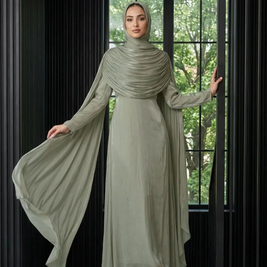 Shimmer Island Silk Cape Sleeve Abaya Dress with Matching Hijab(MA429) - Image 8
