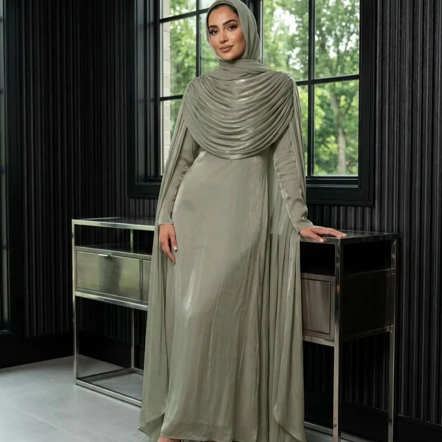 Shimmer Island Silk Cape Sleeve Abaya Dress with Matching Hijab(MA429) - Image 9