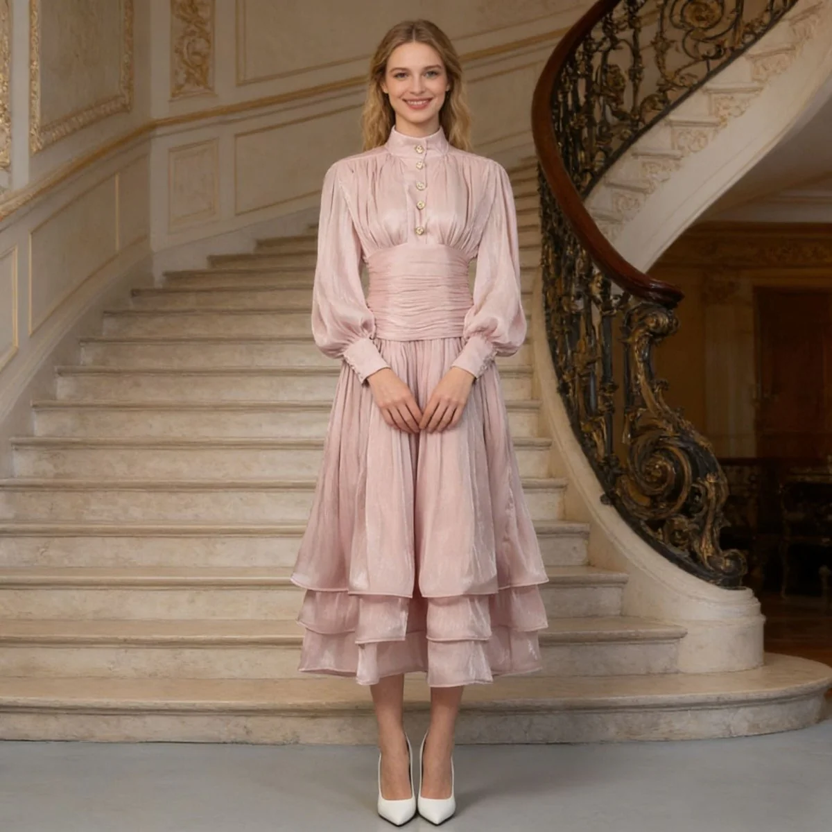 Shimmer Tiered Ruffle Dress with Pearl Buttons(MS322) - Image 3