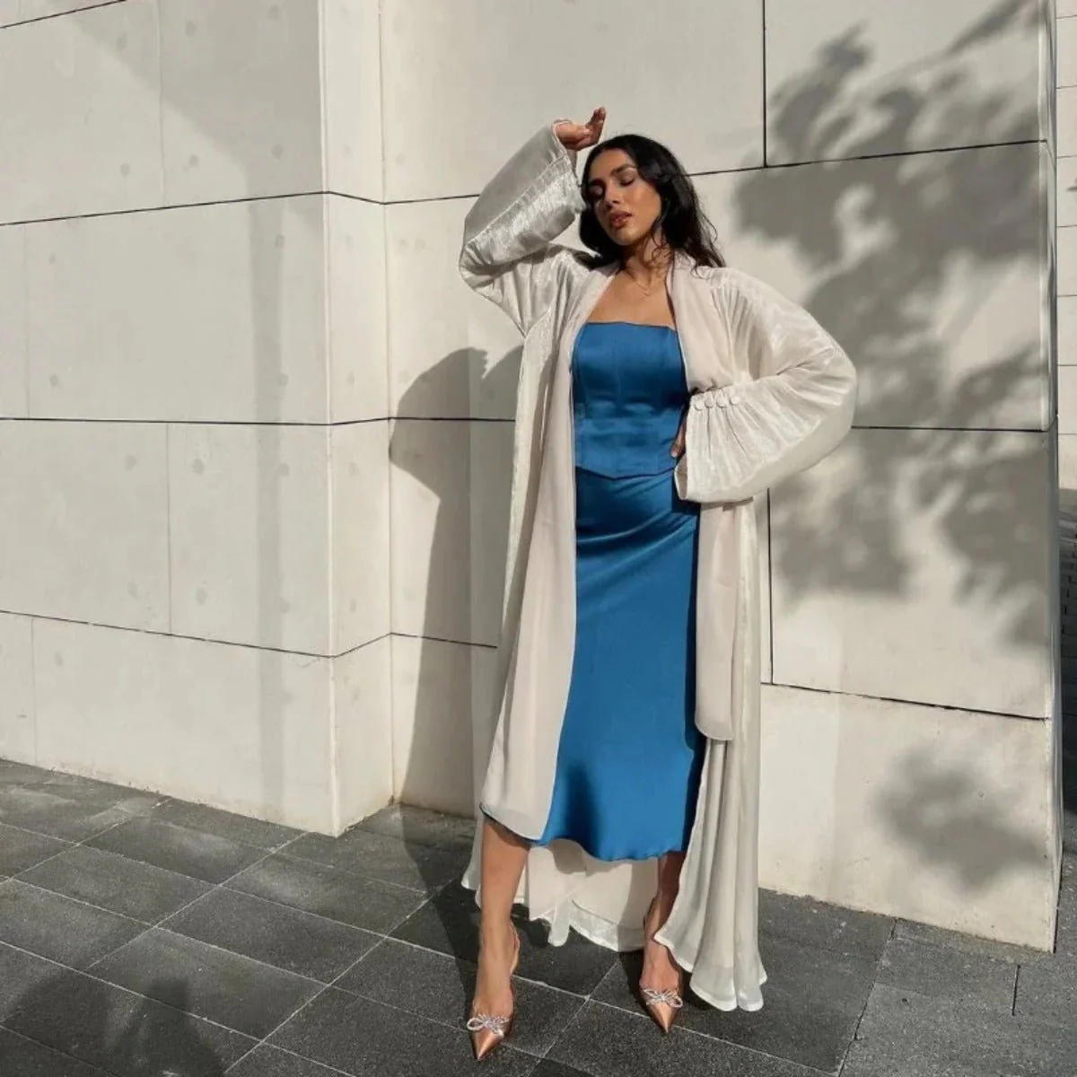 Shiny Satin Open Abaya | Shiny Abaya With Flying Sleeves (MOA141) - Image 9