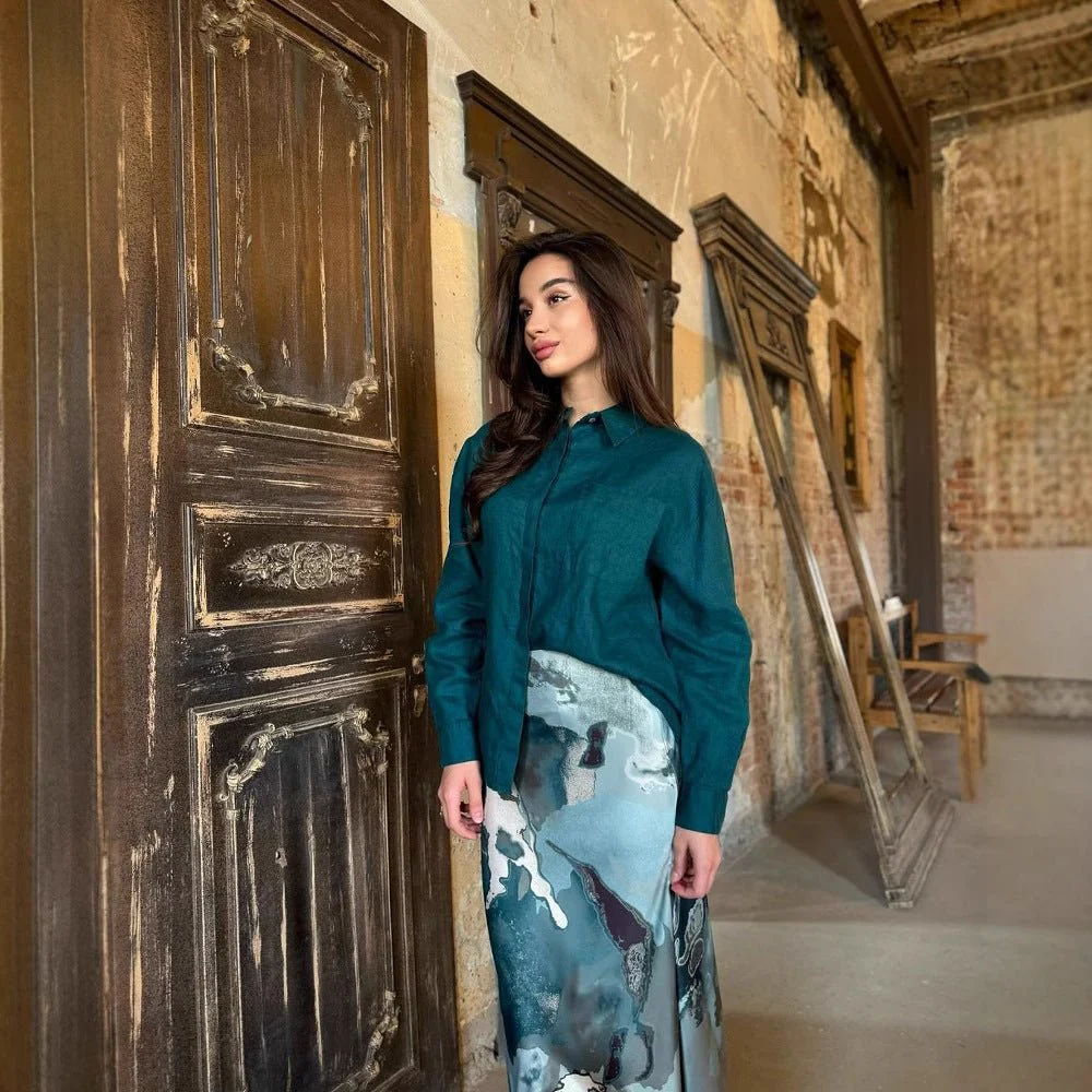 Shirt & Abstract Print Skirt Set | Collared Blouse Two-Piece Outfit(MS260) - Image 3