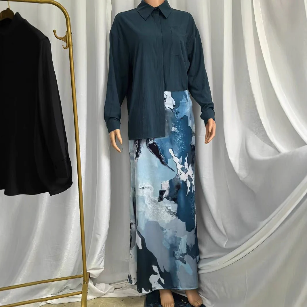 Shirt & Abstract Print Skirt Set | Collared Blouse Two-Piece Outfit(MS260) - Image 4