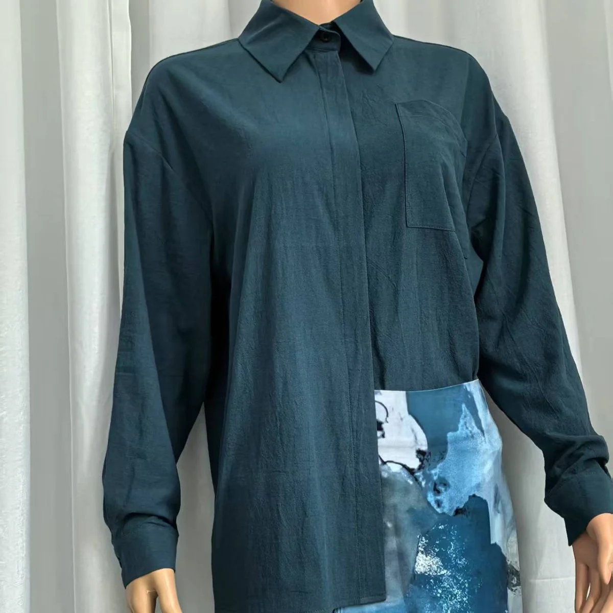 Shirt & Abstract Print Skirt Set | Collared Blouse Two-Piece Outfit(MS260) - Image 5