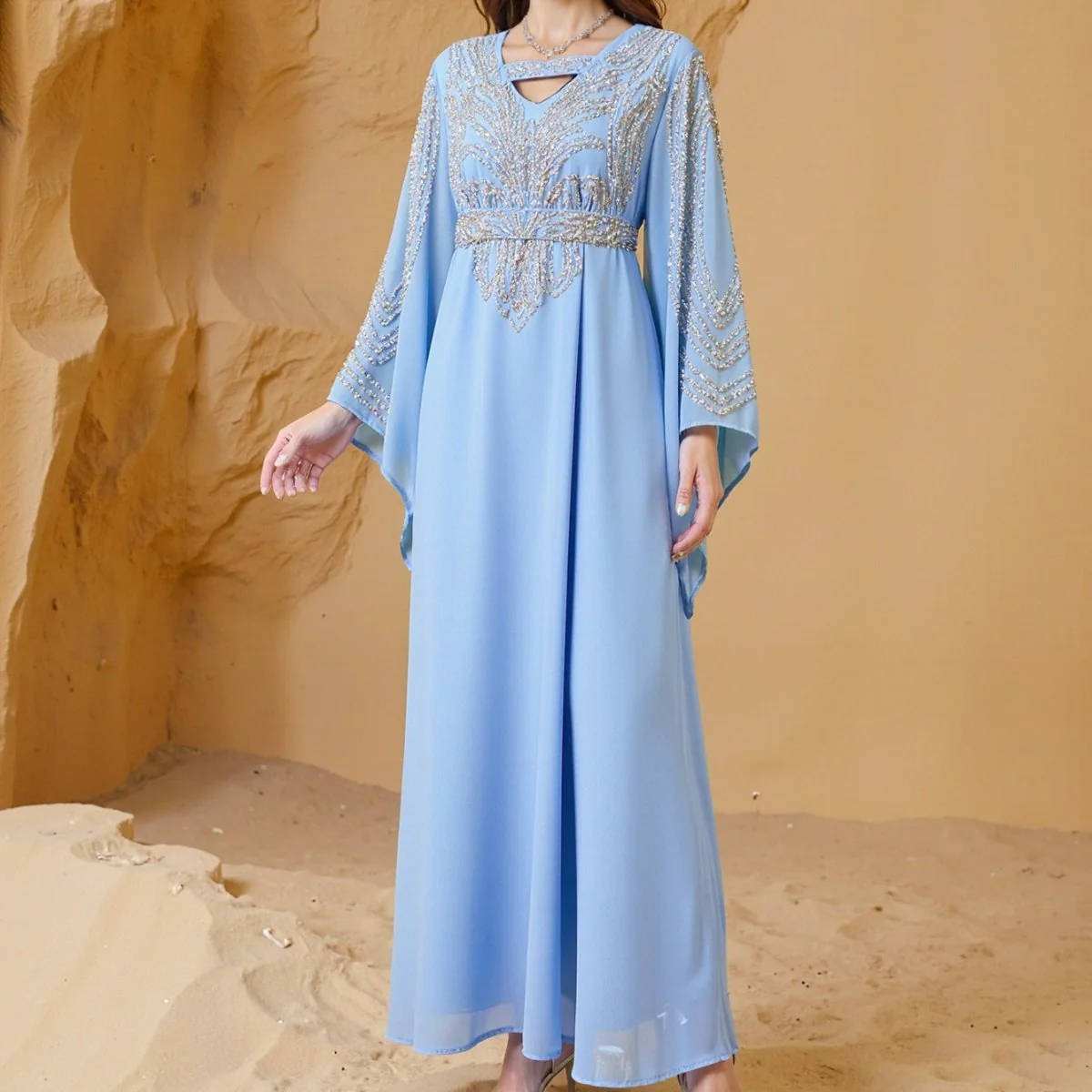 Sky Blue Or Pink Beaded Kaftan Abaya (MA372) - Image 3