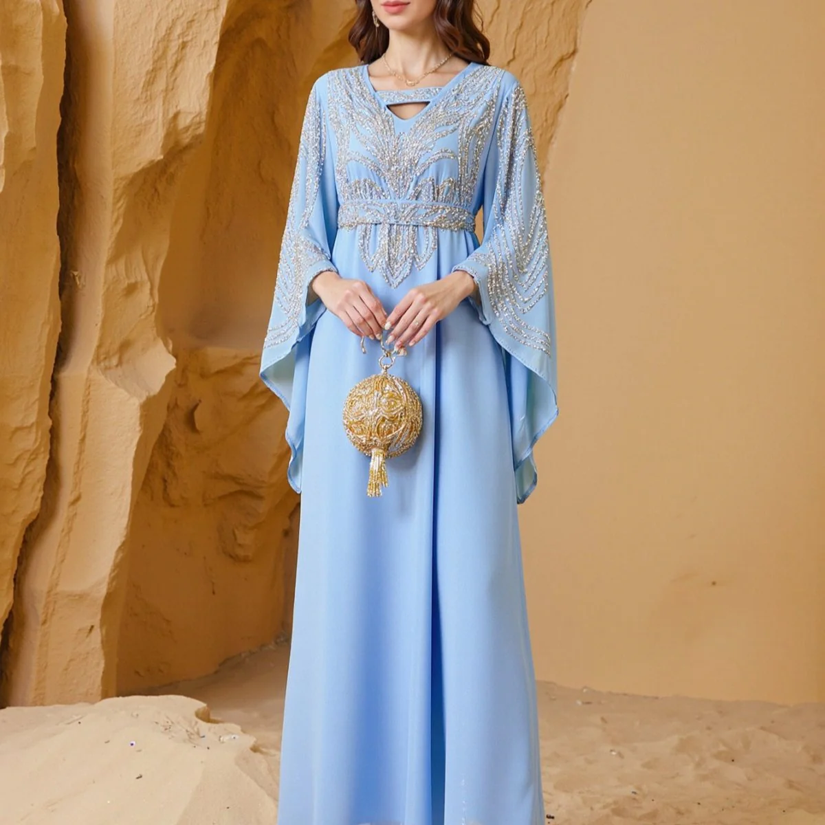 Sky Blue Or Pink Beaded Kaftan Abaya (MA372) - Image 4