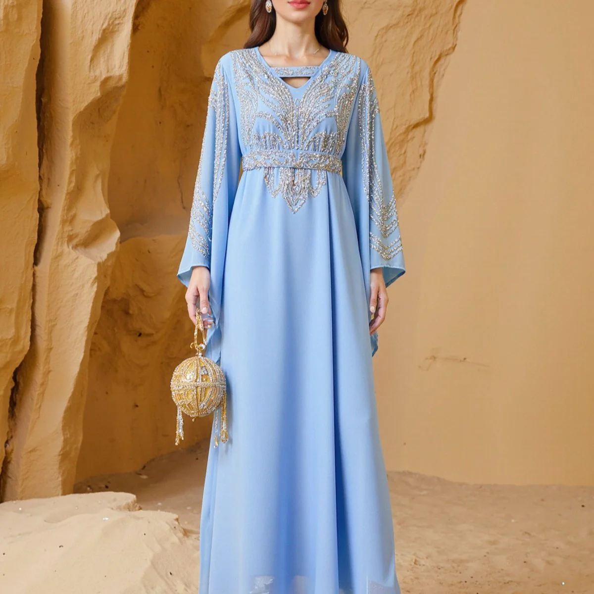Sky Blue Or Pink Beaded Kaftan Abaya (MA372) - Image 5