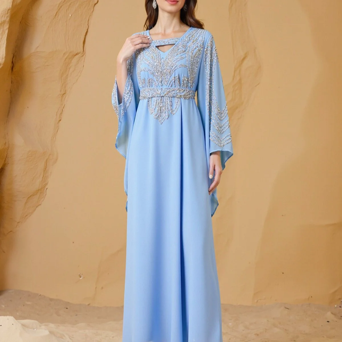 Sky Blue Or Pink Beaded Kaftan Abaya (MA372) - Image 7