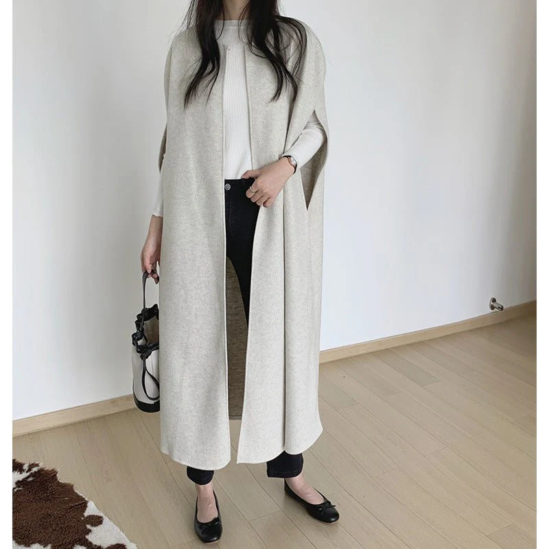 Sleeveless Cape Vest | Minimalist Long Wool-Blend Gilet Coat (MS204) - Image 3