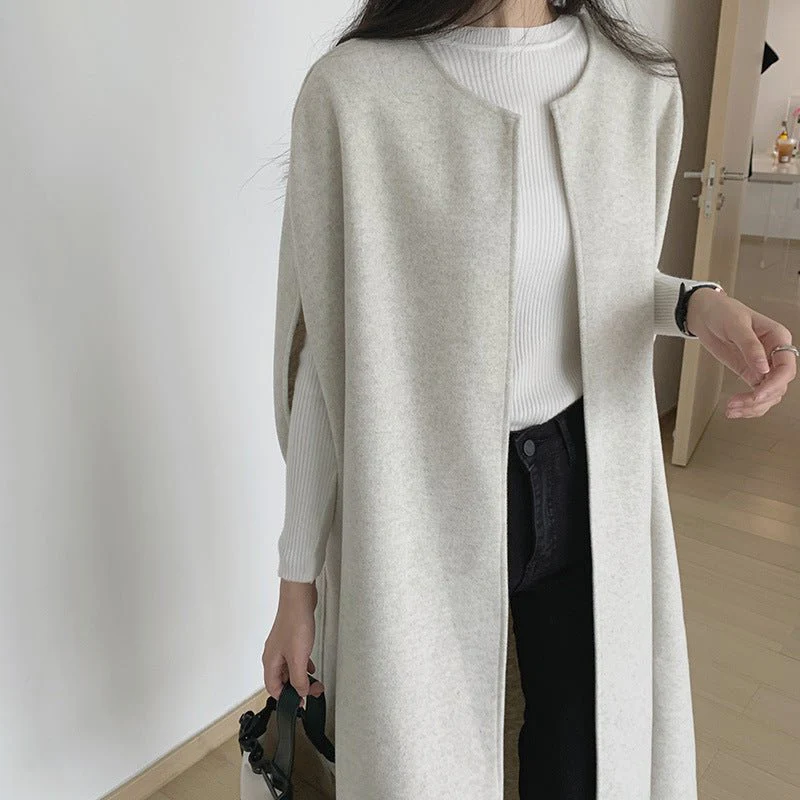 Sleeveless Cape Vest | Minimalist Long Wool-Blend Gilet Coat (MS204) - Image 4