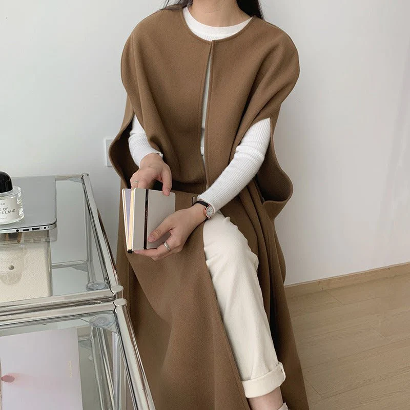 Sleeveless Cape Vest | Minimalist Long Wool-Blend Gilet Coat (MS204) - Image 5