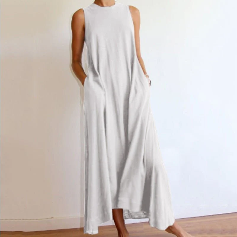 Sleeveless Silk Maxi Dress with Pockets | A-Line Silk Maxi Dress With No Sleeves (MS189) - Image 2