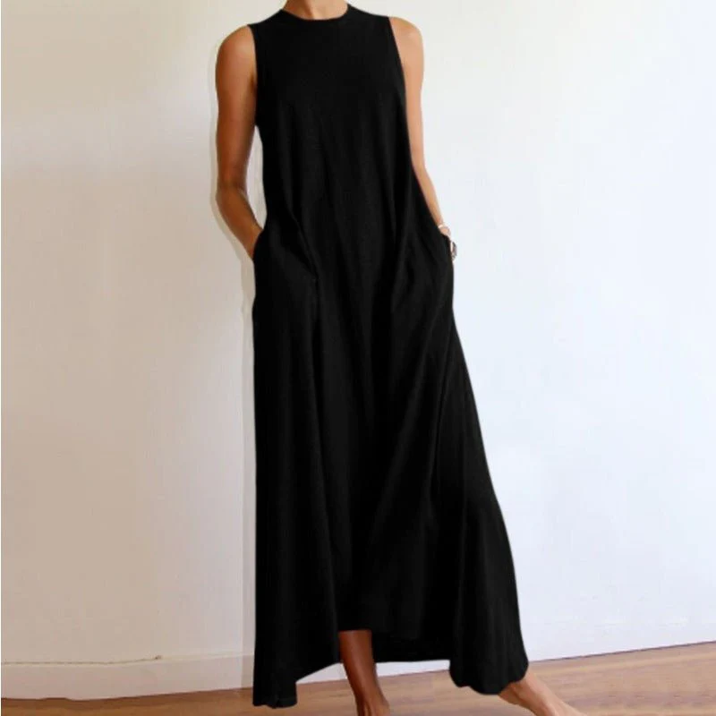 Sleeveless Silk Maxi Dress with Pockets | A-Line Silk Maxi Dress With No Sleeves (MS189) - Image 3