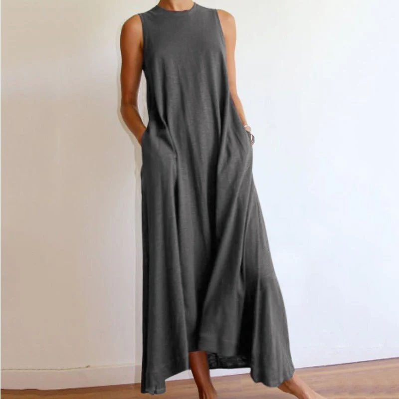 Sleeveless Silk Maxi Dress with Pockets | A-Line Silk Maxi Dress With No Sleeves (MS189) - Image 4