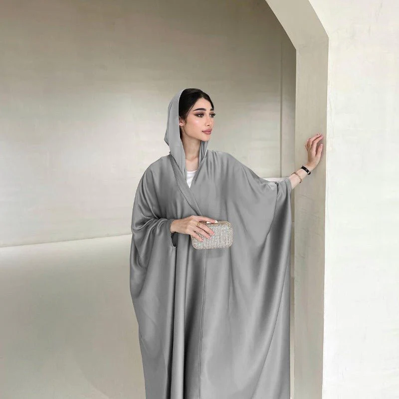 Soft Forged Bat Sleeve Abaya Robe | V-Neck Satin Cardigan Dress(MOA224) - Image 10