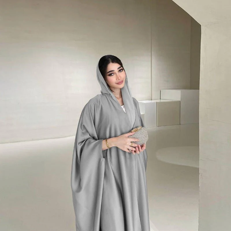 Soft Forged Bat Sleeve Abaya Robe | V-Neck Satin Cardigan Dress(MOA224) - Image 11