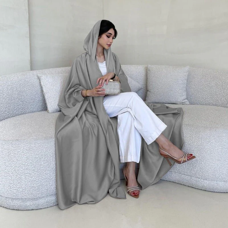 Soft Forged Bat Sleeve Abaya Robe | V-Neck Satin Cardigan Dress(MOA224) - Image 12
