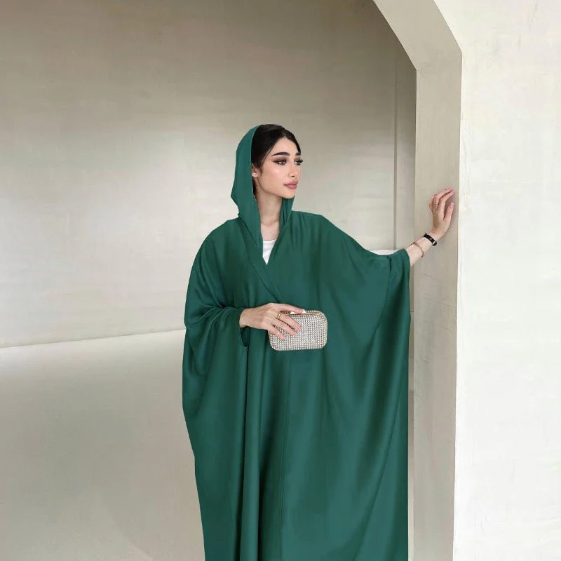 Soft Forged Bat Sleeve Abaya Robe | V-Neck Satin Cardigan Dress(MOA224) - Image 16