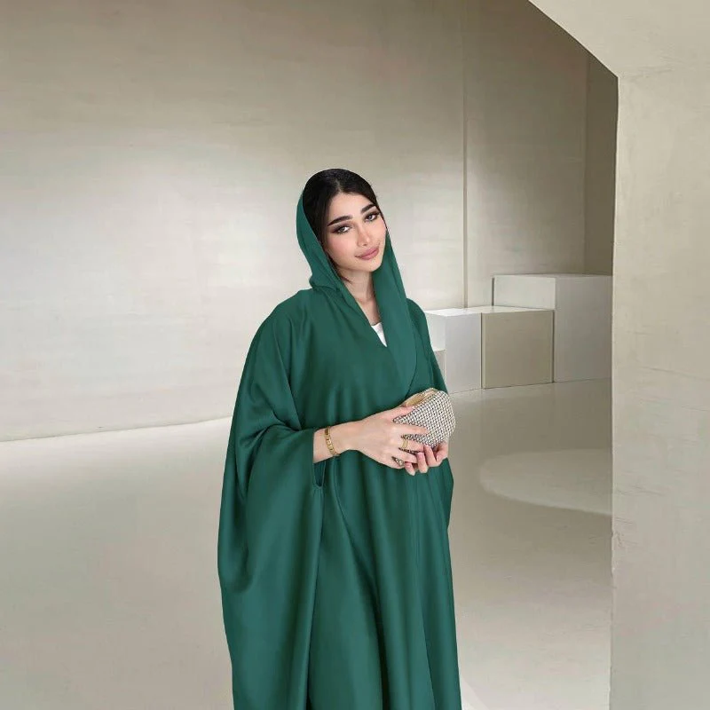 Soft Forged Bat Sleeve Abaya Robe | V-Neck Satin Cardigan Dress(MOA224) - Image 17