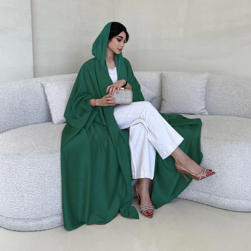 Soft Forged Bat Sleeve Abaya Robe | V-Neck Satin Cardigan Dress(MOA224) - Image 18