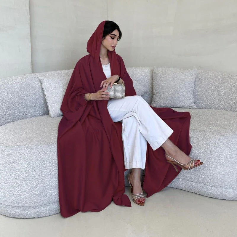 Soft Forged Bat Sleeve Abaya Robe | V-Neck Satin Cardigan Dress(MOA224) - Image 24