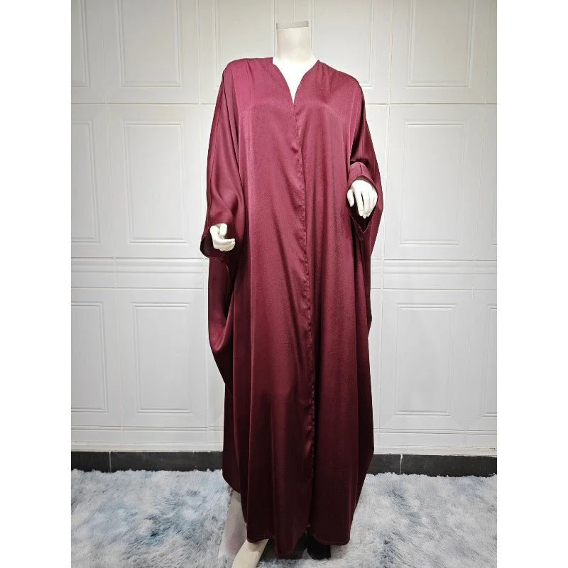Soft Forged Bat Sleeve Abaya Robe | V-Neck Satin Cardigan Dress(MOA224) - Image 26