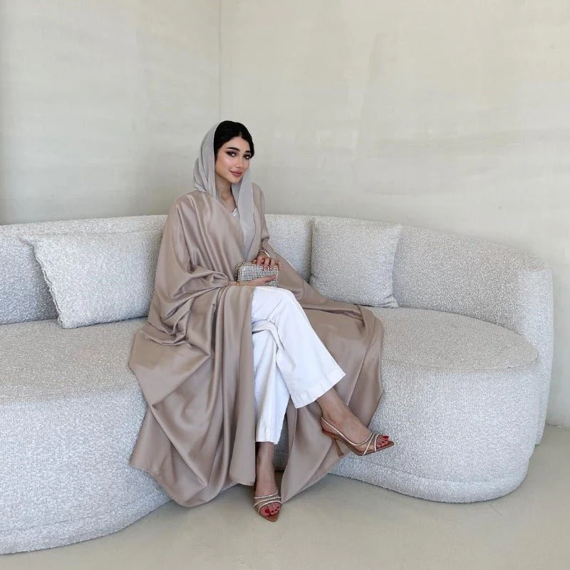 Soft Forged Bat Sleeve Abaya Robe | V-Neck Satin Cardigan Dress(MOA224) - Image 3