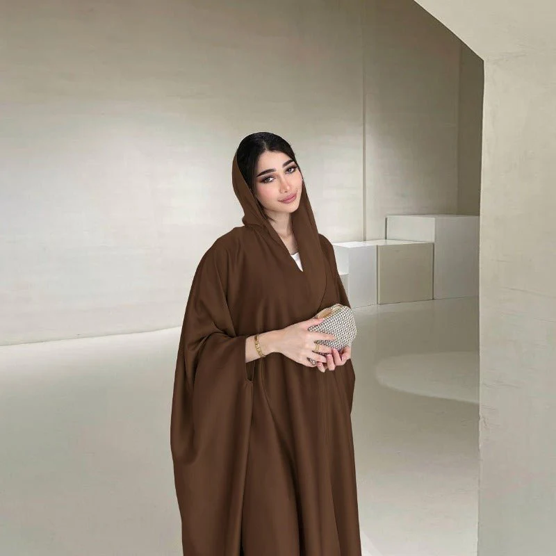 Soft Forged Bat Sleeve Abaya Robe | V-Neck Satin Cardigan Dress(MOA224) - Image 30