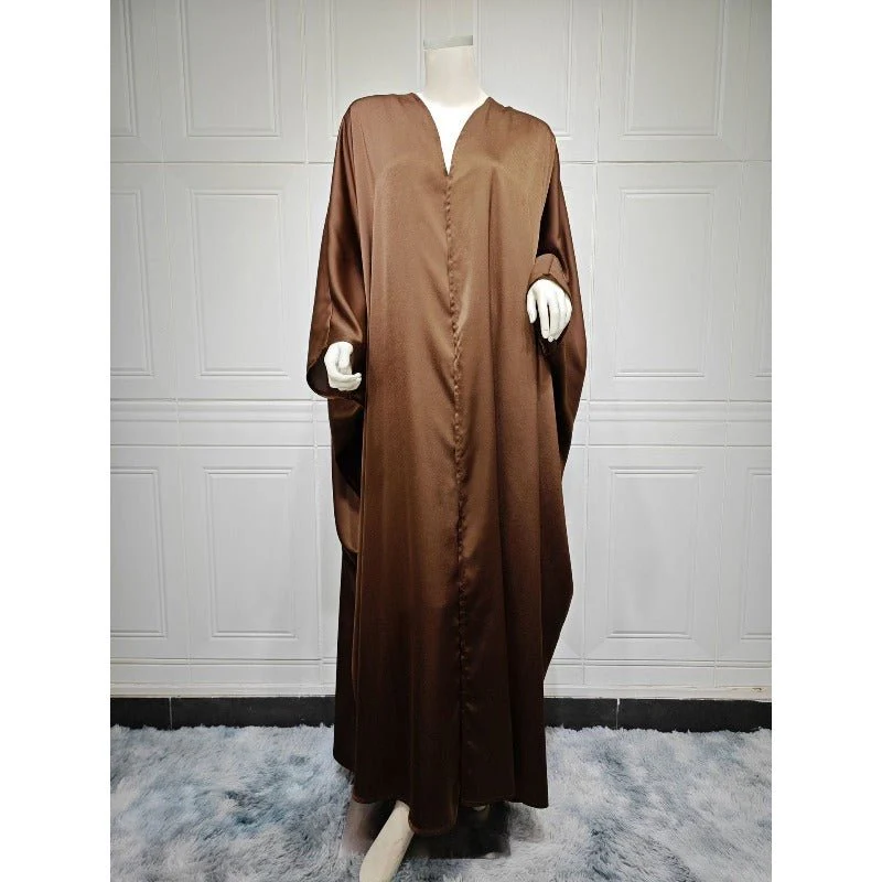 Soft Forged Bat Sleeve Abaya Robe | V-Neck Satin Cardigan Dress(MOA224) - Image 33