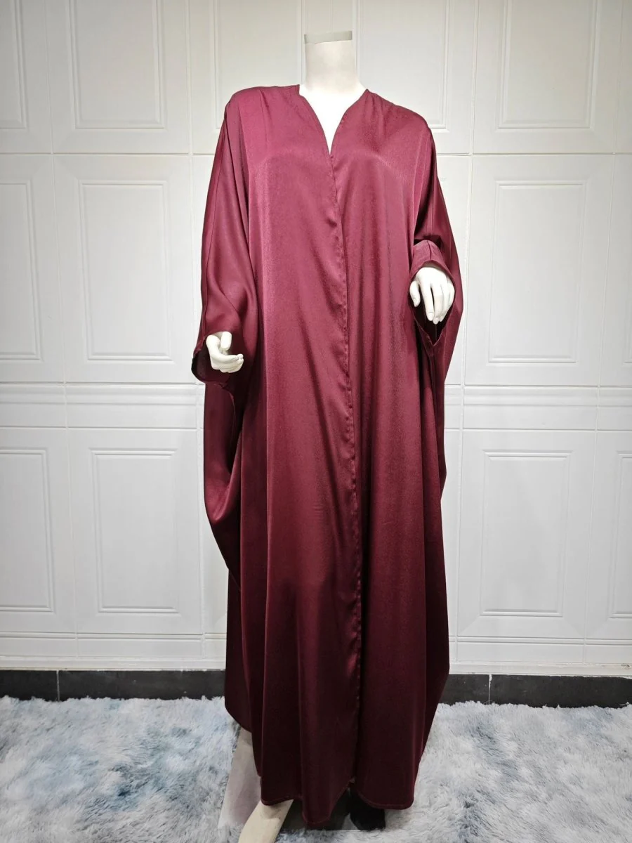 Soft Forged Bat Sleeve Abaya Robe | V-Neck Satin Cardigan Dress(MOA224) - Image 38