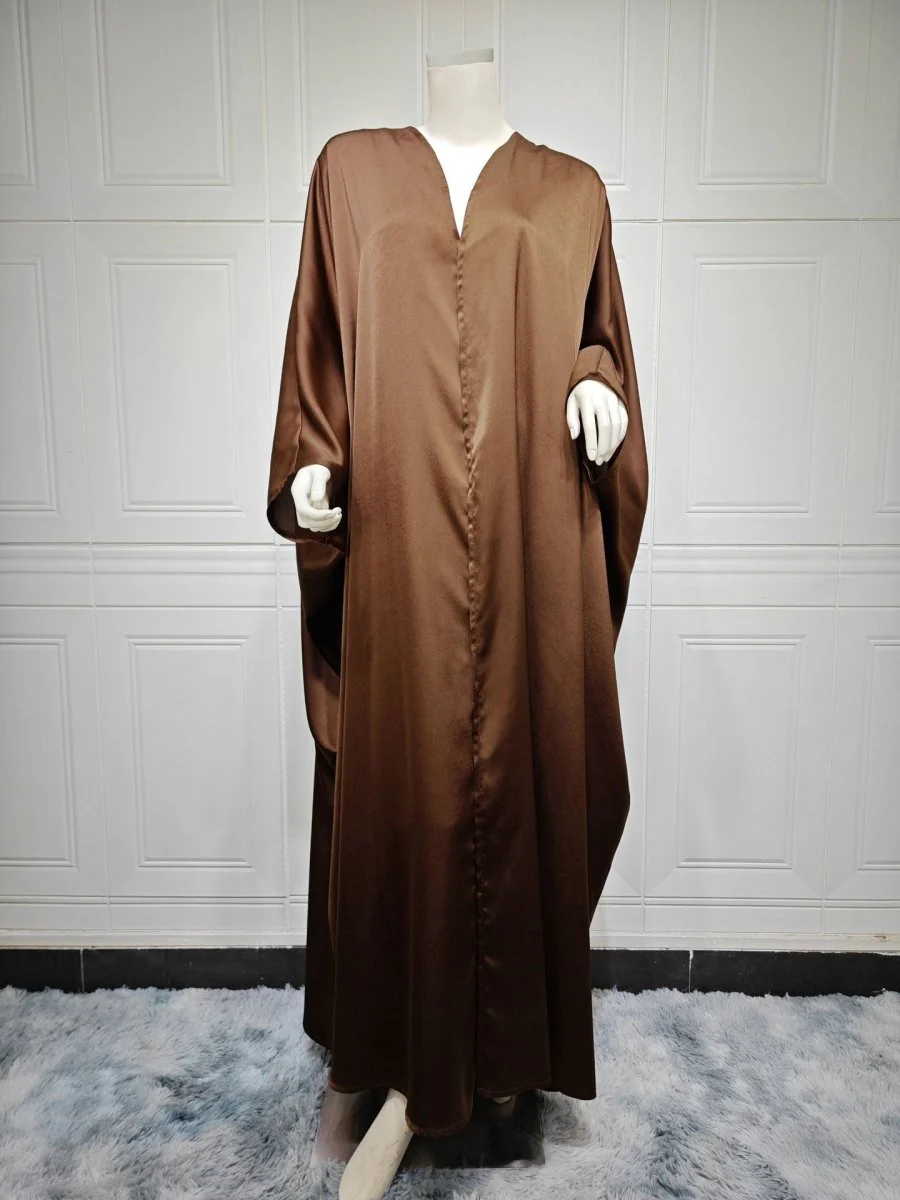 Soft Forged Bat Sleeve Abaya Robe | V-Neck Satin Cardigan Dress(MOA224) - Image 39