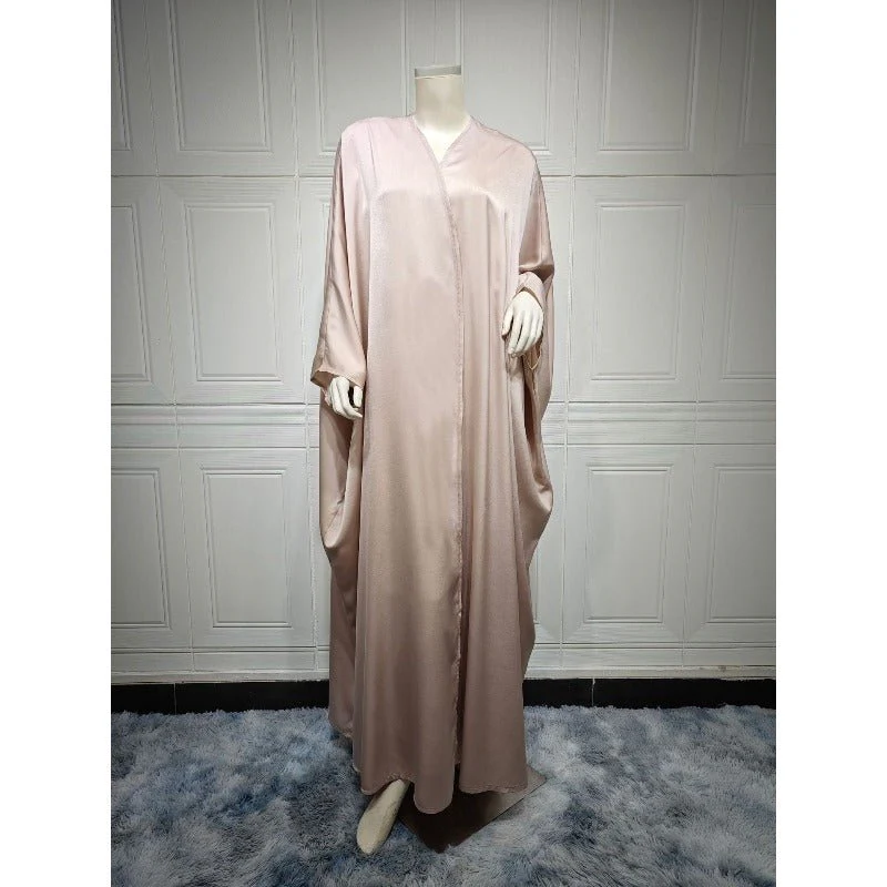 Soft Forged Bat Sleeve Abaya Robe | V-Neck Satin Cardigan Dress(MOA224) - Image 4