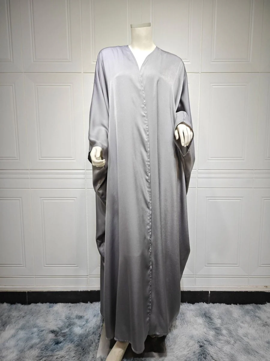 Soft Forged Bat Sleeve Abaya Robe | V-Neck Satin Cardigan Dress(MOA224) - Image 40
