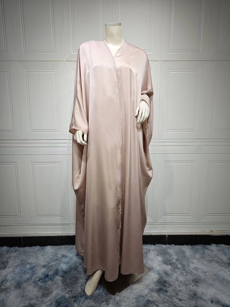 Soft Forged Bat Sleeve Abaya Robe | V-Neck Satin Cardigan Dress(MOA224) - Image 42